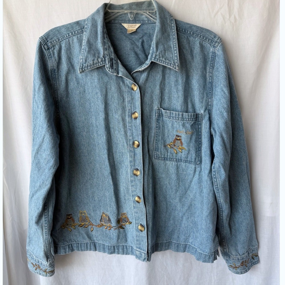 2007 Christopher & Banks Y2K Denim 2000s Shirt Embroidered Owl Grandma  Medium